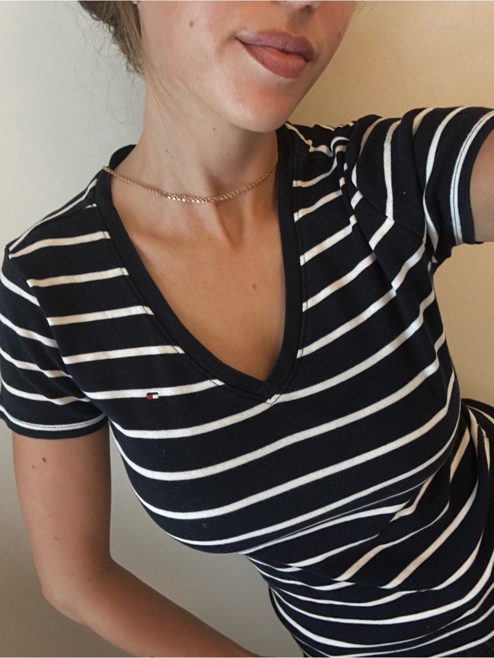 Tommy Hilfiger Navy and White Striped V-Neck Tee